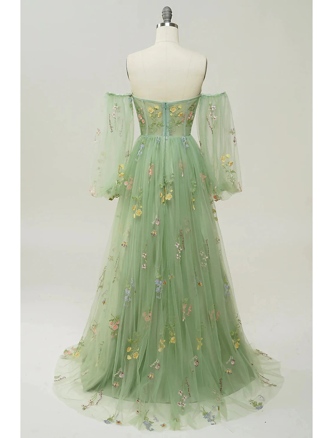 A-Linien-Abendkleid, Blumenkleid, formell, bodenlang, langärmlig, herzförmig, Spitze, rückenfrei mit Faltenapplikationen